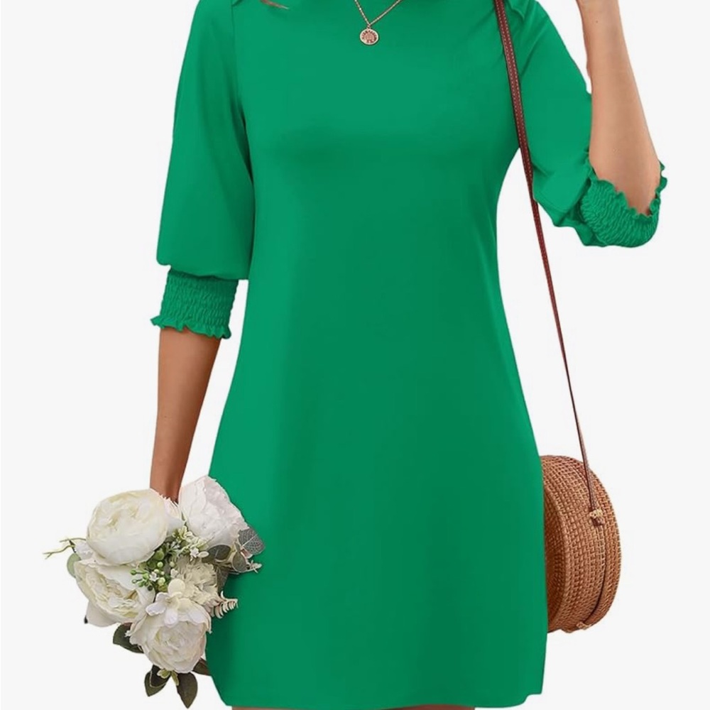Green Mini 3/4 sleeve Boatneck dress.